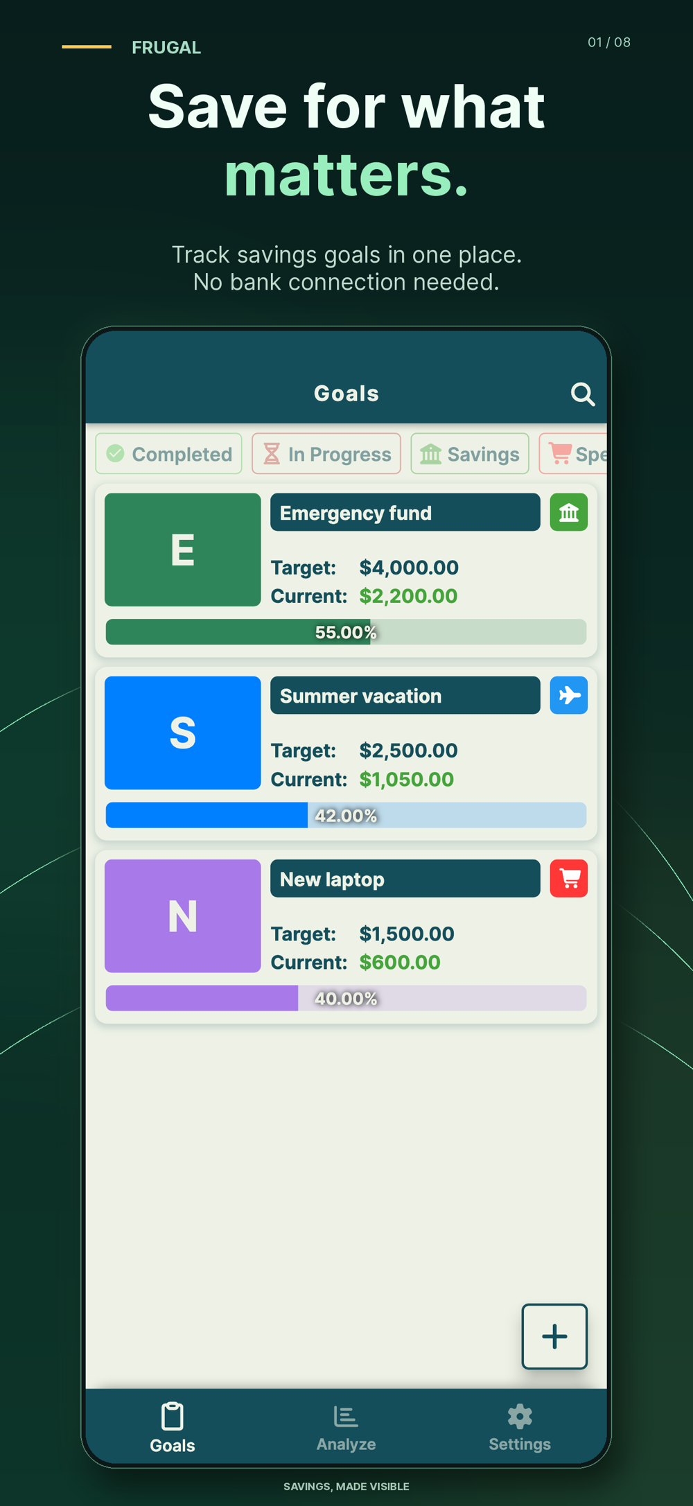 Frugal store screenshot showing example emergency fund, summer vacation and laptop goals with their targets and saved amounts