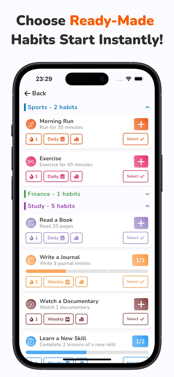 Ready-made habits grouped by life category