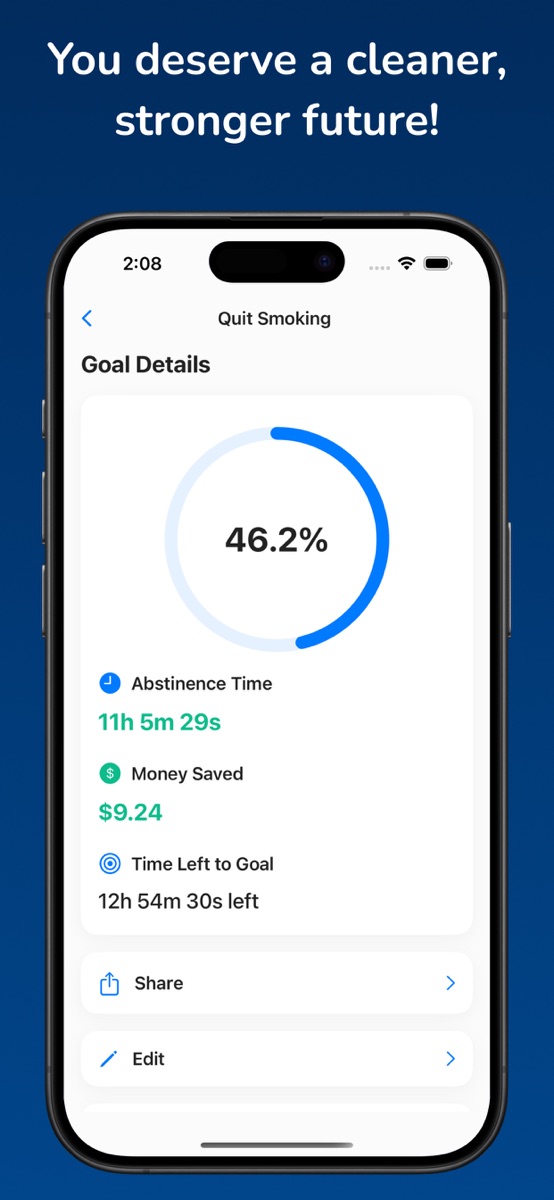 QuitBit goal details with progress, money saved and time remaining