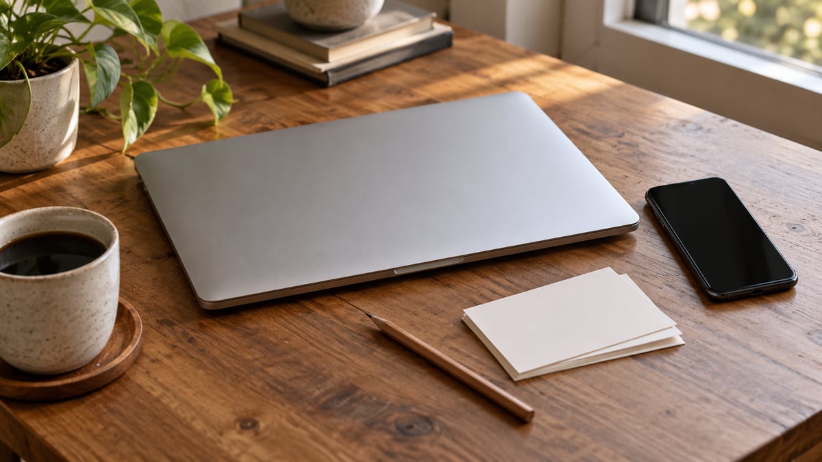 A closed laptop, a phone with a dark screen and blank index cards on a workspace.