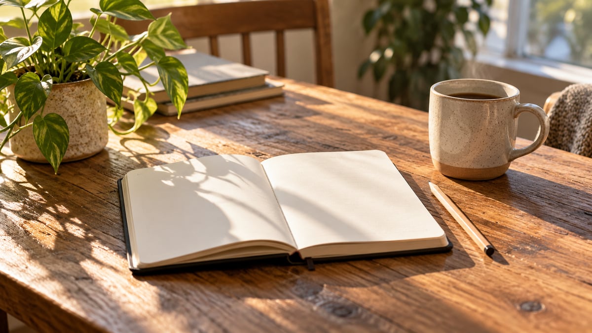 A blank notebook, a pencil, a mug and a plant on a quiet desk.