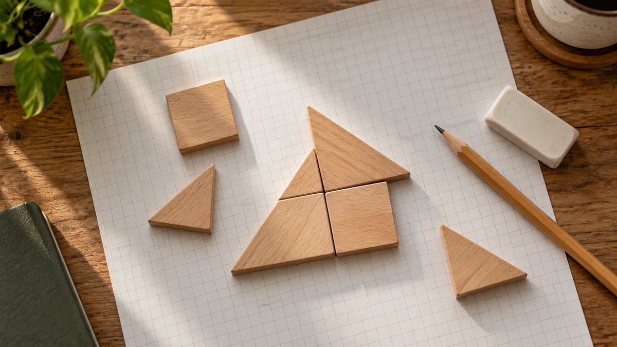Wooden geometric pieces, graph paper and a pencil arranged on a tabletop.