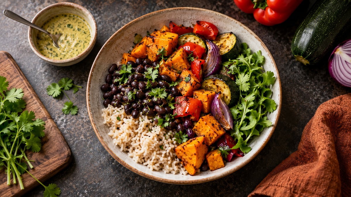 A plate of rice, vegetables and beans beside separate dressing ingredients on a kitchen table.