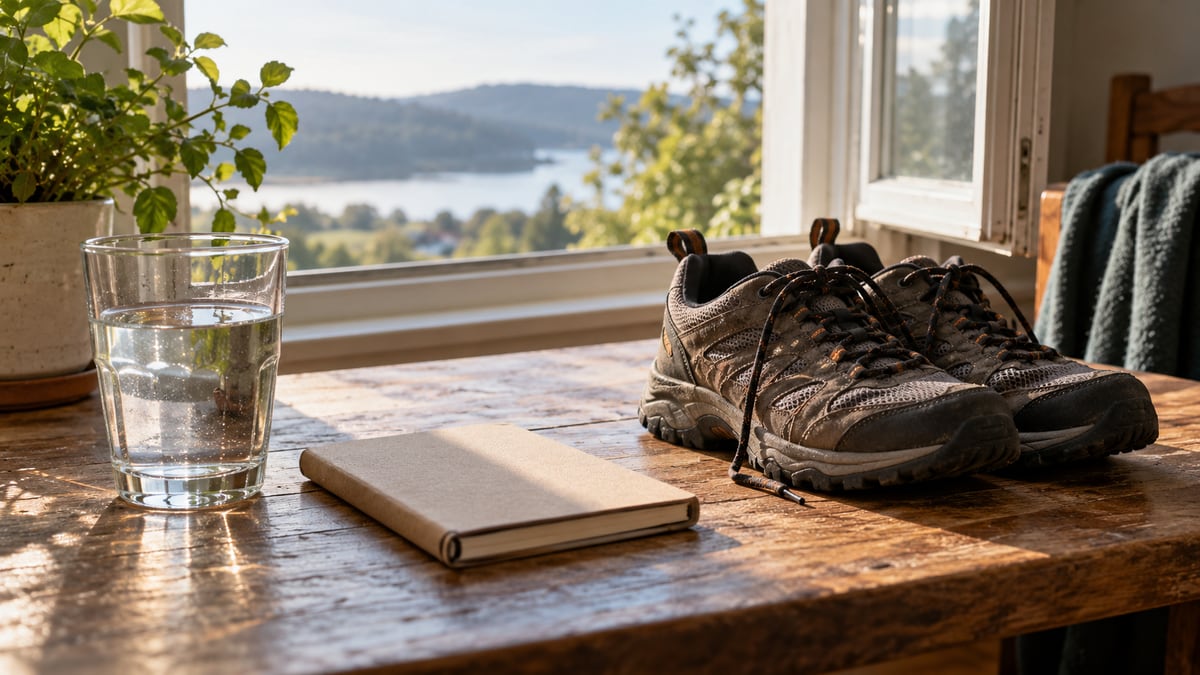 A glass of water, walking shoes and a blank pocket notebook beside a window.