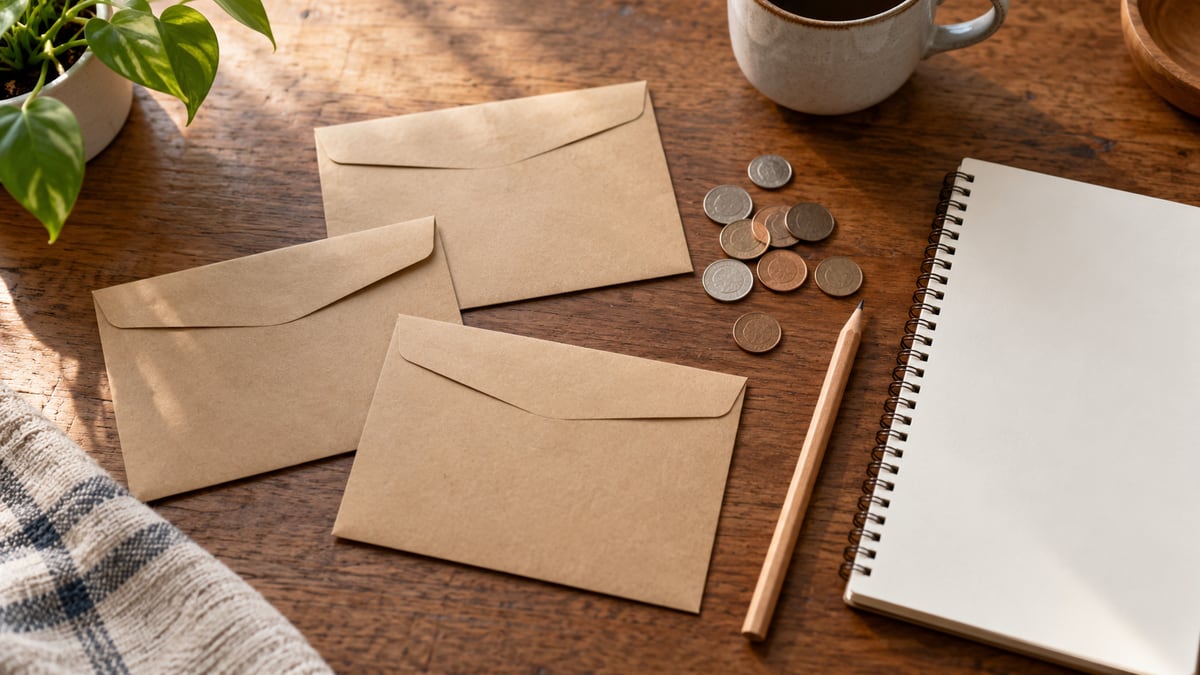 Three blank kraft-paper envelopes, generic coins and a blank notebook arranged on a table.