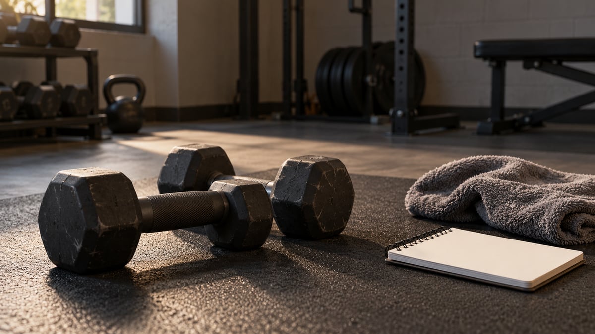 Dumbbells, an exercise mat, a towel and a blank training log arranged for a workout.