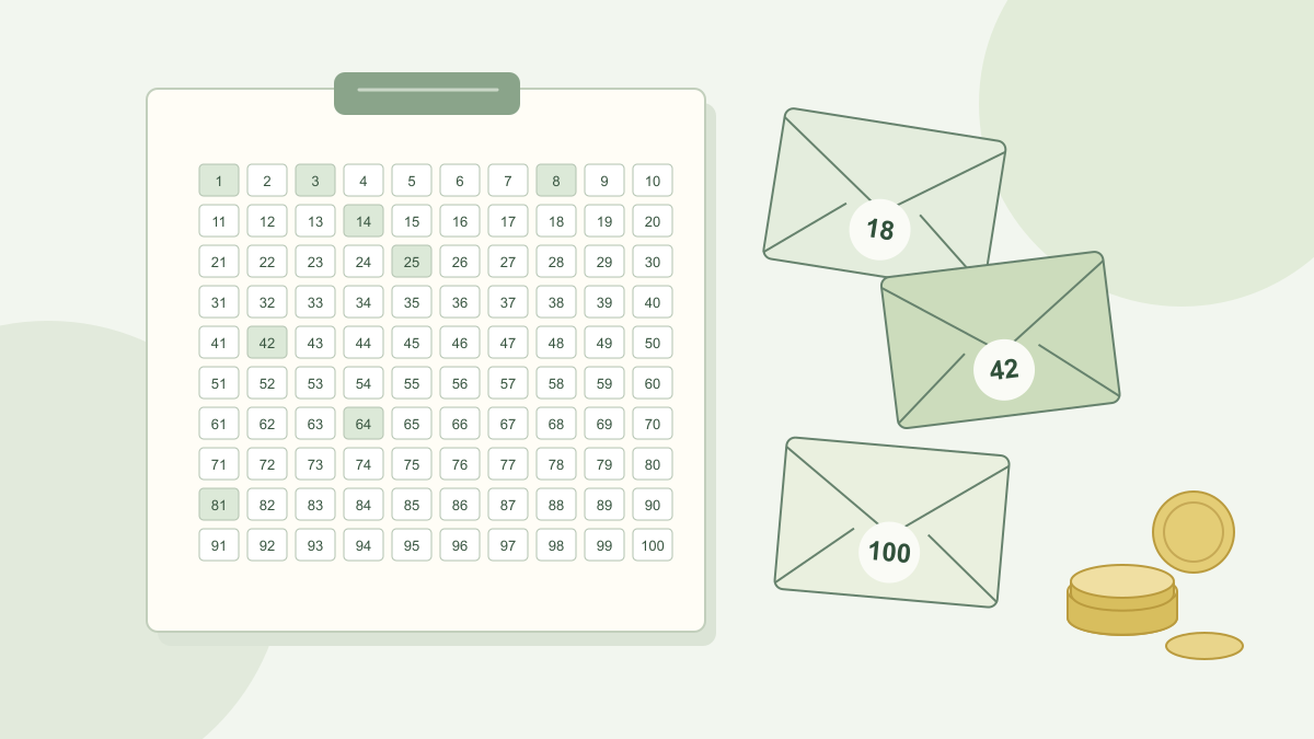 Numbered envelopes and a 1–100 checklist representing the 100-envelope savings challenge.